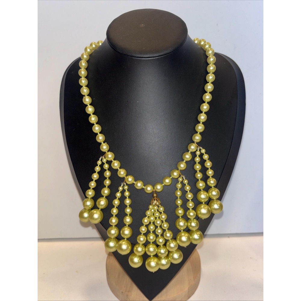Vintage 60s Chartreuse Lime Green Faux Pearl Bib Necklace Festoon Fringe Mod MCM